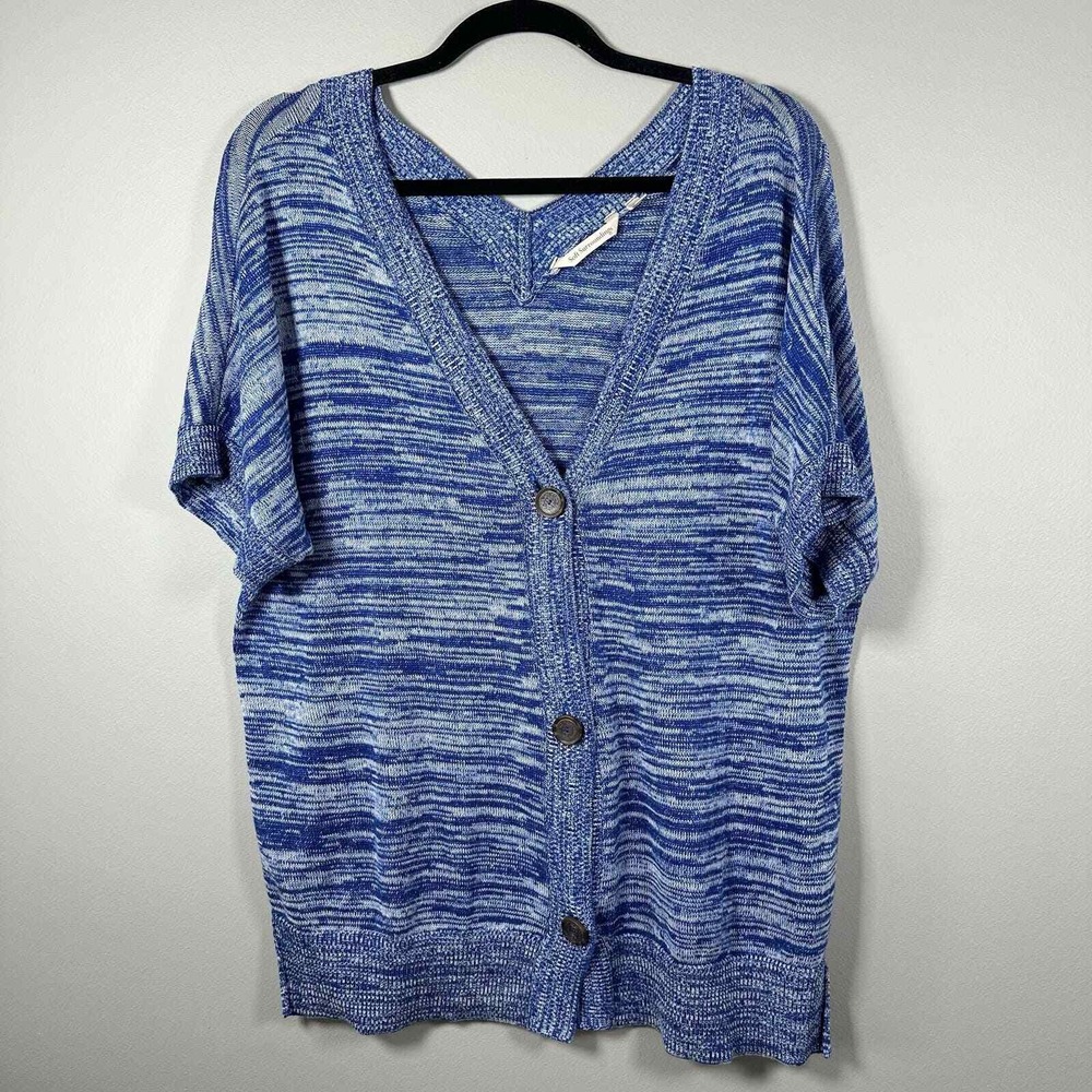 Soft Surroundings Medium Cardigan Blue Short Sleeve Space Dye VNeck Button Front